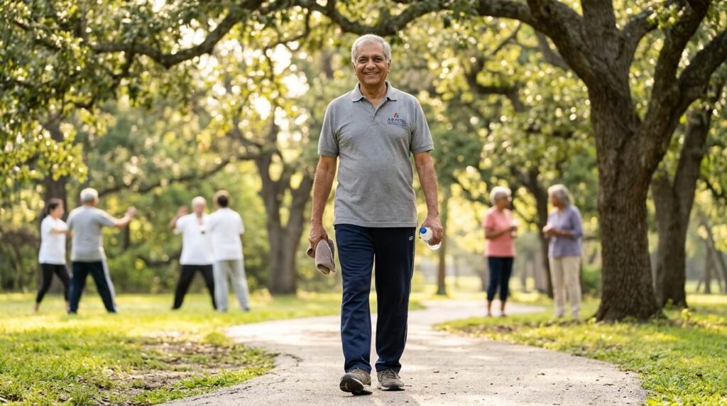 senior citizen walking in park